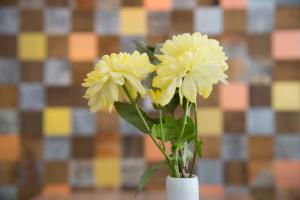twee gele bloemen in een witte vaas op een tafel bij Hotel PIAZZA in Dinkelsbühl
