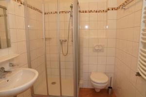 a bathroom with a shower and a toilet and a sink at Dom Gościnny Klemens in Dębki +18 photos