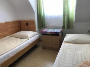 a room with two beds and a desk and a window at Hotel Chata in Volary