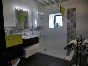 uma casa de banho branca com um lavatório e um chuveiro em La Maison Forte em Millery