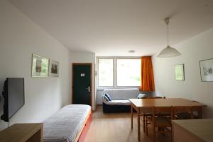 a living room with a bed and a dining room at Residence Copai in Mezzana