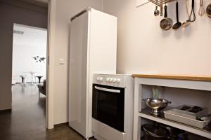 a kitchen with a stove and a white cabinet at Puffin Nest Capsule Hostel in Vestmannaeyjar