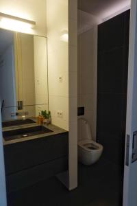 a bathroom with a toilet and a large mirror at Bed & Wellness Boxtel, luxe kamer met airco en eigen badkamer in Boxtel