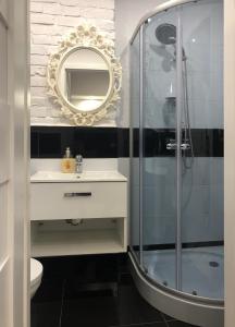 a bathroom with a shower and a sink and a mirror at Aparthotel 11 in Kwidzyn