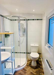 a bathroom with a toilet and a glass shower at 21 Melbourne Place Studios in St Andrews