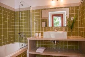 uma casa de banho com um lavatório, uma banheira e um espelho. em Casal da Serrana em Reguengo Grande