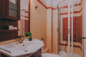 ein Bad mit einem Waschbecken und einer Dusche in der Unterkunft Etheres Tzoumerkon Mountain Resort in Katarráktis