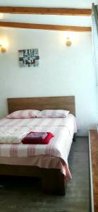Un dormitorio con una cama con una bolsa roja. en TJ Guest House en Makhinjauri