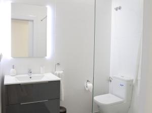 a bathroom with a sink and a toilet and a mirror at Acio blanco. Loft en el Casco Histórico de Ourense in Ourense