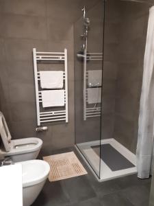 un baño con ducha y WC en Meandar Luxury Apartment, en Sarajevo 23 fotos más
