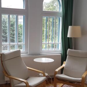 a living room with two chairs and a table and windows at Old Town Apartament in Târgovişte