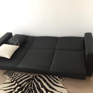 a black couch in a room with a zebra rug at Apart FL in Mirandela