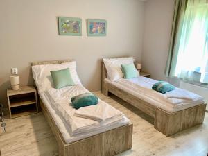 two twin beds in a room with a window at Kalabash Apartments in Sovata +38 photos