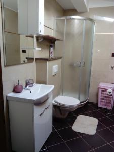 Apartments Ivanovski في راب: حمام مع دش ومغسلة ومرحاض