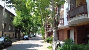 a tree lined street with cars parked next to buildings at Ov152 Apartman in Budapest