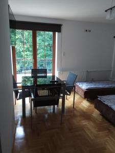 a living room with a table and chairs and a bed at Apartament Przy Skale u Anny in Sąpów
