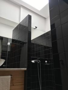 a bathroom with a shower with black tiles at Pimms Home Ribeira in Porto +84 photos