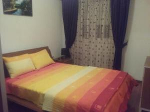 Schlafzimmer mit einem Bett und einem Fenster mit Vorhängen in der Unterkunft Rafto Apartment in Ohrid
