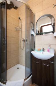 a bathroom with a shower and a sink at Pokoje Oko in Zakopane