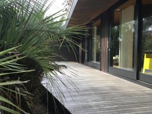a wooden walkway leading to a house with glass doors at Hot Water Beach Bure Wai in Hotwater Beach