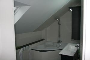 a attic bathroom with a tub and a sink at Ferienwohnung am Kurpark in Bad Nenndorf +14 photos