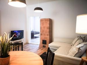 a living room with a couch and a tv and a table at FilinHome Stefanovica Suite 3 in Novi Sad