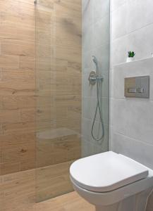 a bathroom with a toilet and a shower at Aparthotel STUDIO in Krakow