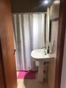 查斯科穆斯Departamento en Chascomús a dos cuadras de laguna的浴室设有白色的淋浴帘和水槽