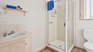 
a bathroom with a shower, sink, and toilet at SWANSEA VILLAS in Swansea
