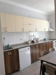 a kitchen with wooden cabinets and a white dishwasher at Hotel CHARLI in Gonio