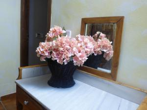 un vaso di fiori rosa seduto su un tavolo di fronte a uno specchio di Hotel La Vega ad Alcalá de la Selva