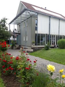 une maison avec des fleurs devant elle dans l'établissement B&B 25, à Münchwilen