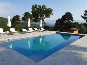 a swimming pool with chairs and umbrellas at Casolare Giovangrande in Poppi