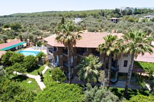 an aerial view of a house with a pool and palm trees at Ferah Hotel in Patara
