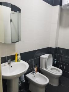 ein Badezimmer mit einem Waschbecken, einem WC und einem Spiegel in der Unterkunft Beach Garden Home, Lalzi Bay in Durrës