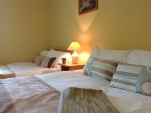2 letti in una camera da letto con una lampada su un tavolo di Abbey Hotel a Ballyvourney