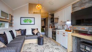 a living room with a couch and a kitchen at Aberdunant Hall in Porthmadog