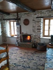 a living room with a fireplace in a stone building at Guesthouse To Petrino 1 in Keramídhion