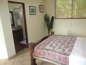 ein Schlafzimmer mit einem Bett und ein Badezimmer mit einem Spiegel in der Unterkunft Paloma in Ojochal