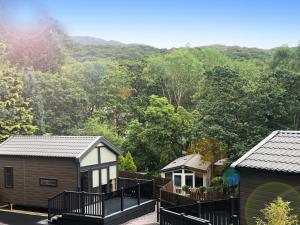 a view of a cabin with trees in the background at Aberdunant Hall in Porthmadog