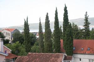 a group of cypress trees in a city with roofs at Apartments Mira in Tivat