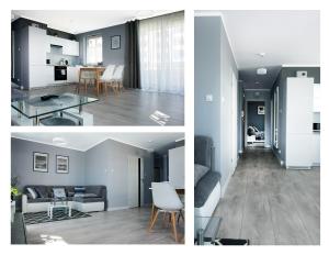2 Bilder von einem Wohnzimmer und einem Esszimmer in der Unterkunft Apartamenty Cypryjskie 2 sypialnie in Koszalin
