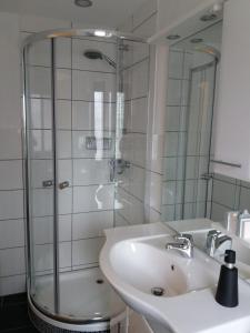 a bathroom with a sink and a shower at Ferienwohnung Jessica in Schafstedt