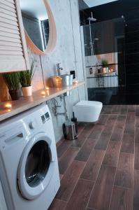 a bathroom with a washing machine and a sink at Apartament MINUS in Mrągowo