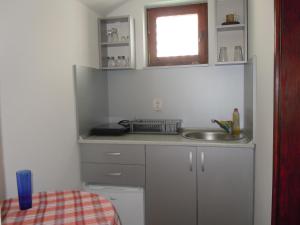 een kleine keuken met een wastafel en een raam bij Apartmani Sobe BILJANA in Arandjelovac