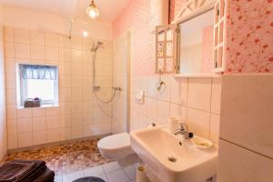 a bathroom with a sink and a toilet and a shower at Schwesterherz im Schlafrock in Merxleben in Bad Langensalza