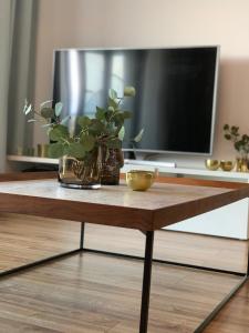 a wooden coffee table with a tv on top of it at Apartament Gardenia DeLux in Dziwnów