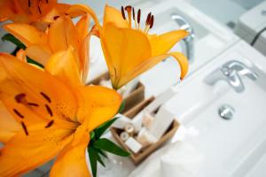 two orange flowers in a vase next to a sink at Plazuela del Carbón Suites in Cádiz