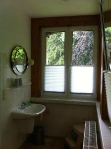 a bathroom with a sink and two windows at Pension Tannenrausch in Friedrichroda