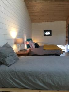 a bedroom with two beds and a table with a lamp at le 25bis in Saint-Martory